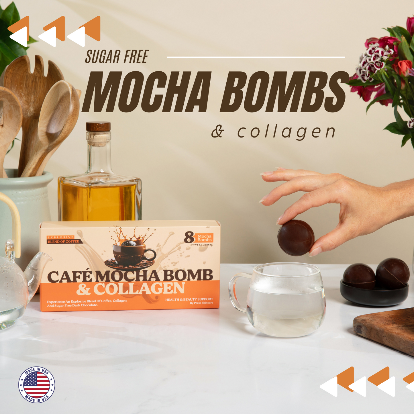 COFFEE MOCHA BOMBS & Collagen - Sugar Free Dark Chocolate -Organic - FAIR TRADE - Pack of 8 Mocha Bombs