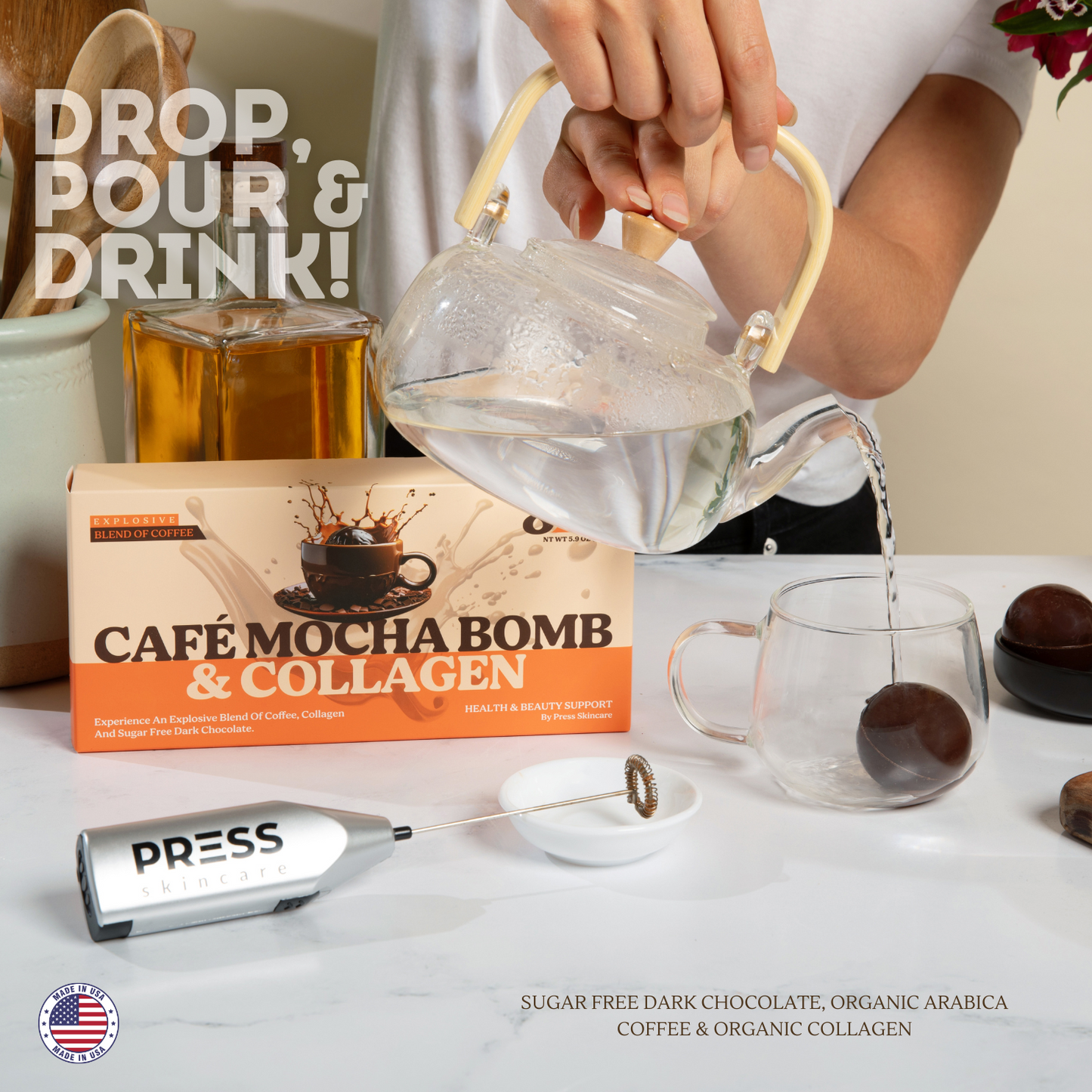 COFFEE MOCHA BOMBS & Collagen - Sugar Free Dark Chocolate -Organic - FAIR TRADE - Pack of 8 Mocha Bombs