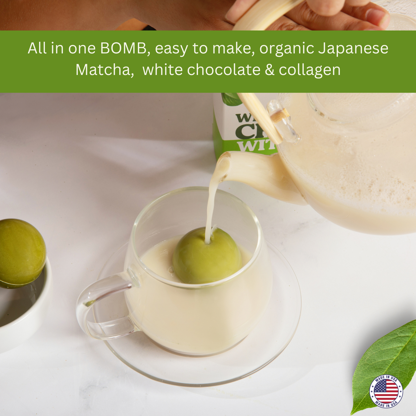 MATCHA MOCHA BOMB, Organic ceremonial Matcha, white chocolate & Collagen. USA made - Pack of 8 Mocha Bombs.