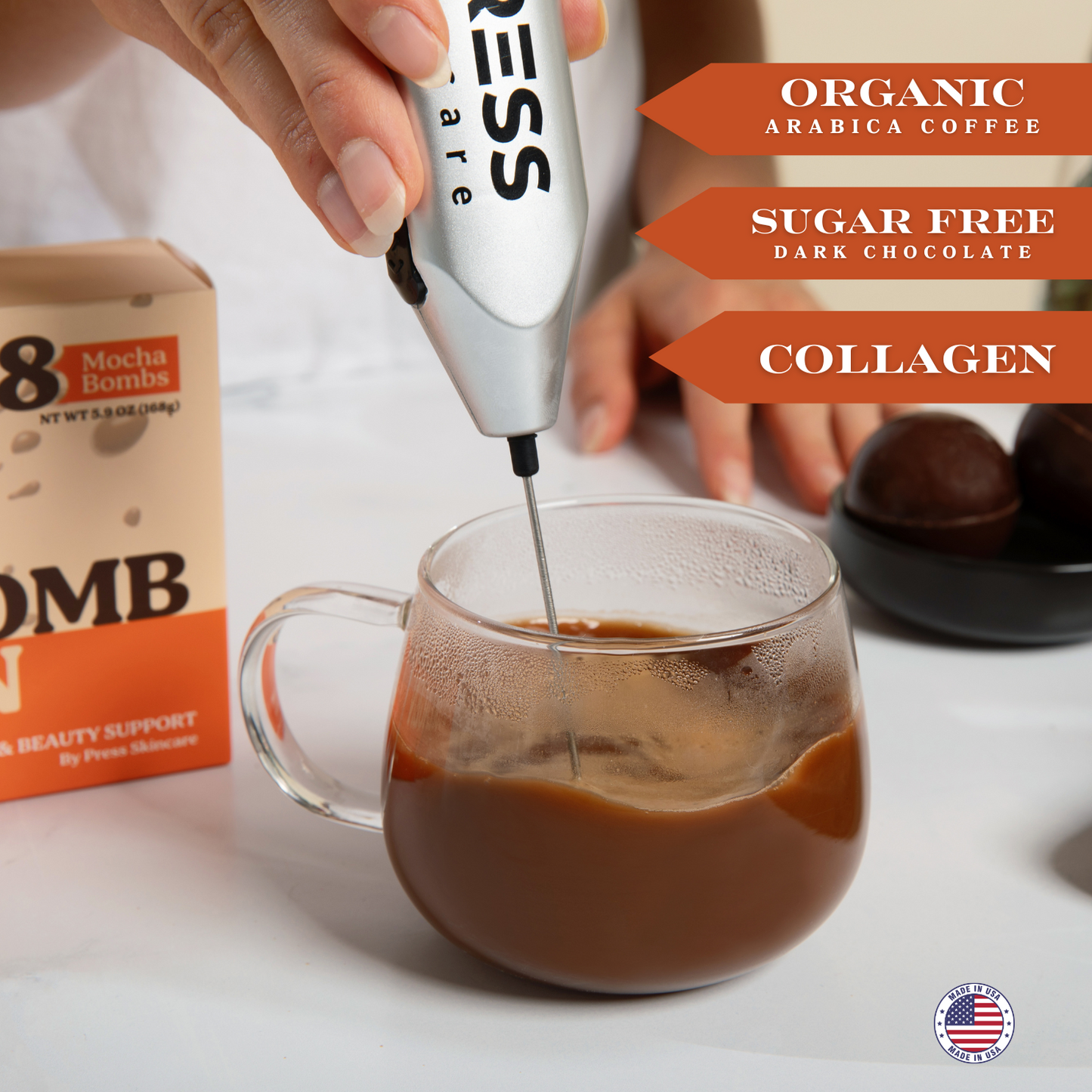 COFFEE MOCHA BOMBS & Collagen - Sugar Free Dark Chocolate -Organic - FAIR TRADE - Pack of 8 Mocha Bombs