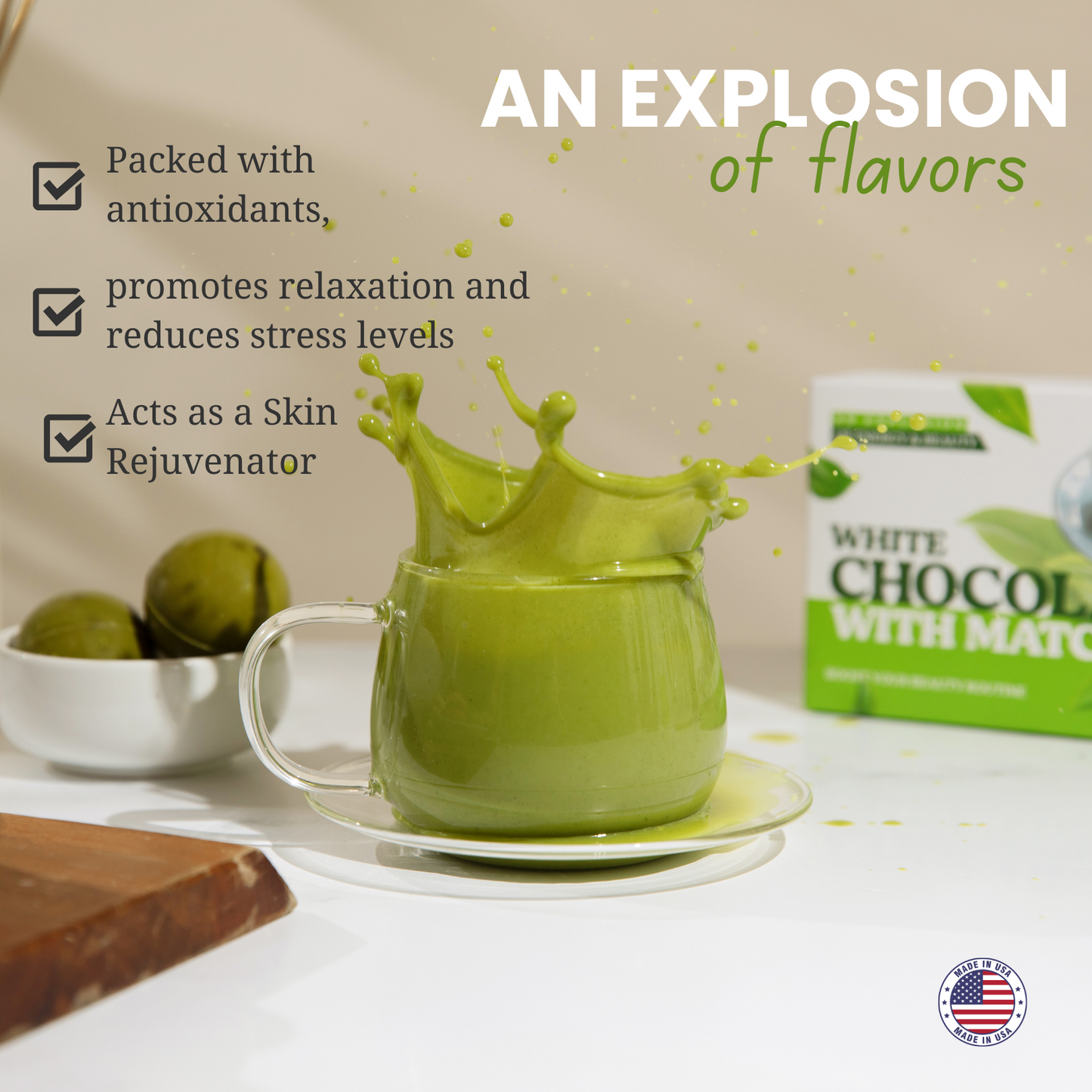 MATCHA MOCHA BOMB, Organic ceremonial Matcha, white chocolate & Collagen. USA made - Pack of 8 Mocha Bombs.