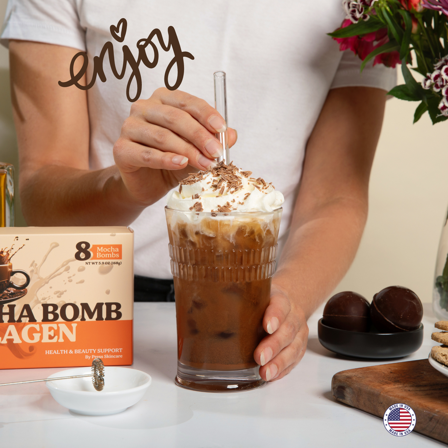 COFFEE MOCHA BOMBS & Collagen - Sugar Free Dark Chocolate -Organic - FAIR TRADE - Pack of 8 Mocha Bombs