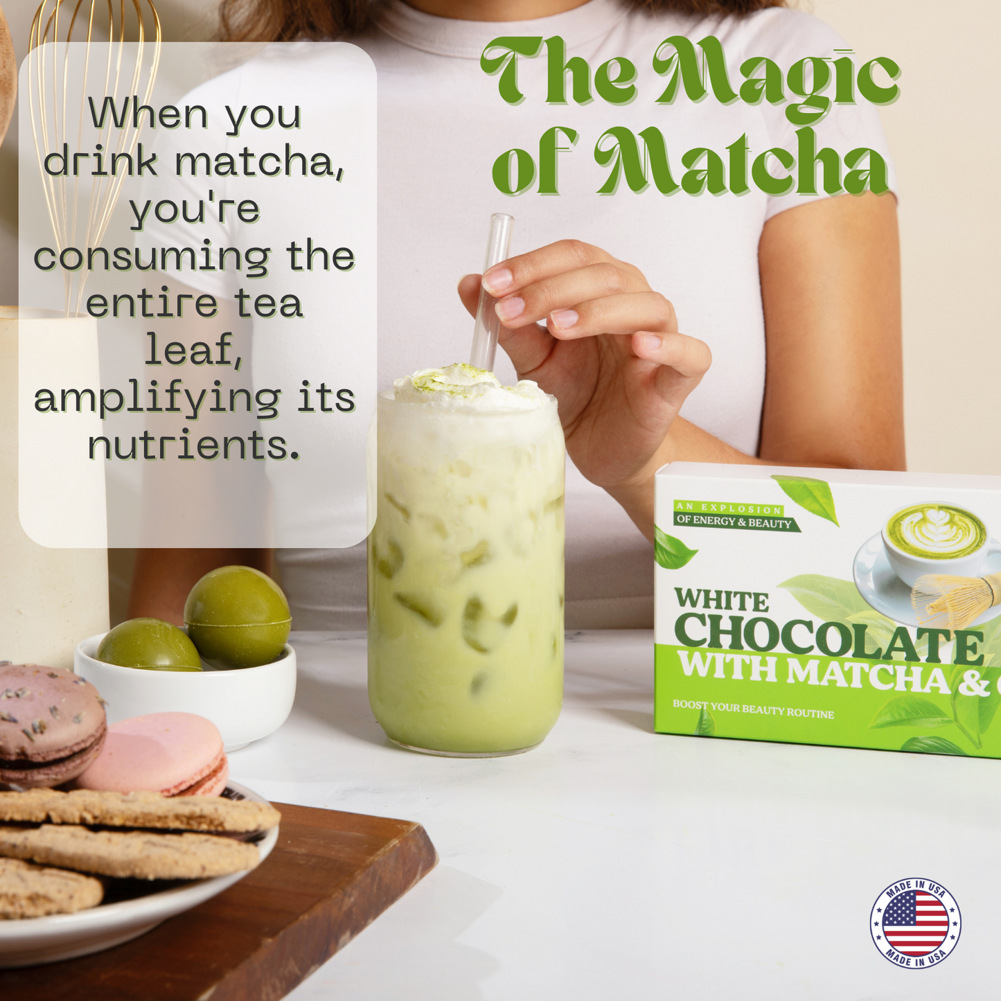 MATCHA MOCHA BOMB, Organic ceremonial Matcha, white chocolate & Collagen. USA made - Pack of 8 Mocha Bombs.