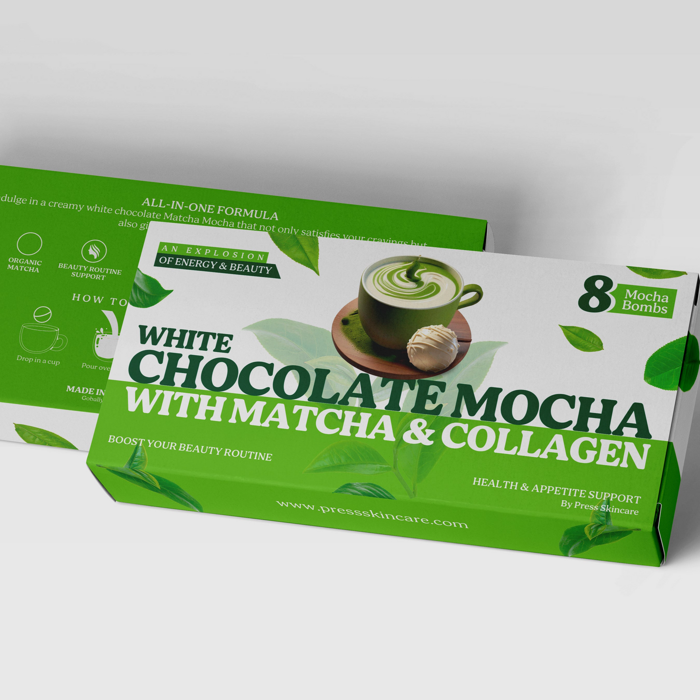 MATCHA MOCHA BOMB, Organic ceremonial Matcha, white chocolate & Collagen. USA made - Pack of 8 Mocha Bombs.